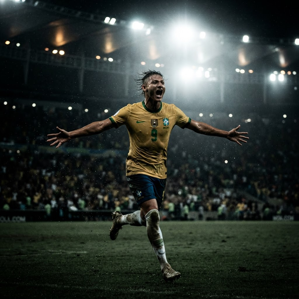 Jogador comemorando um gol com os braços abertos